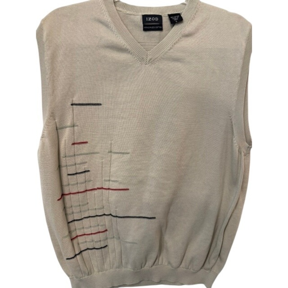 IZOD Mens Large Beige Sweater Vest V-Neck Mercerized Cotton Pattern Stitch
